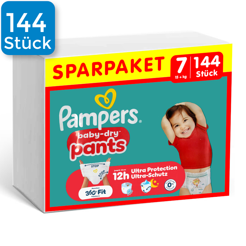 Vorderseite einer Packung Pampers Baby Dry Pants Größe 7. Oben links ist ein blaues Viereck mit der Aufschrift "144x"